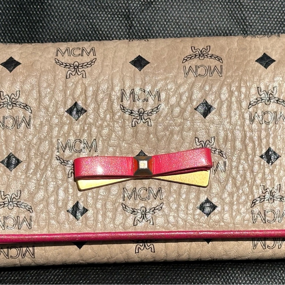 MCM Beige and Red Clutch with Bow Accent